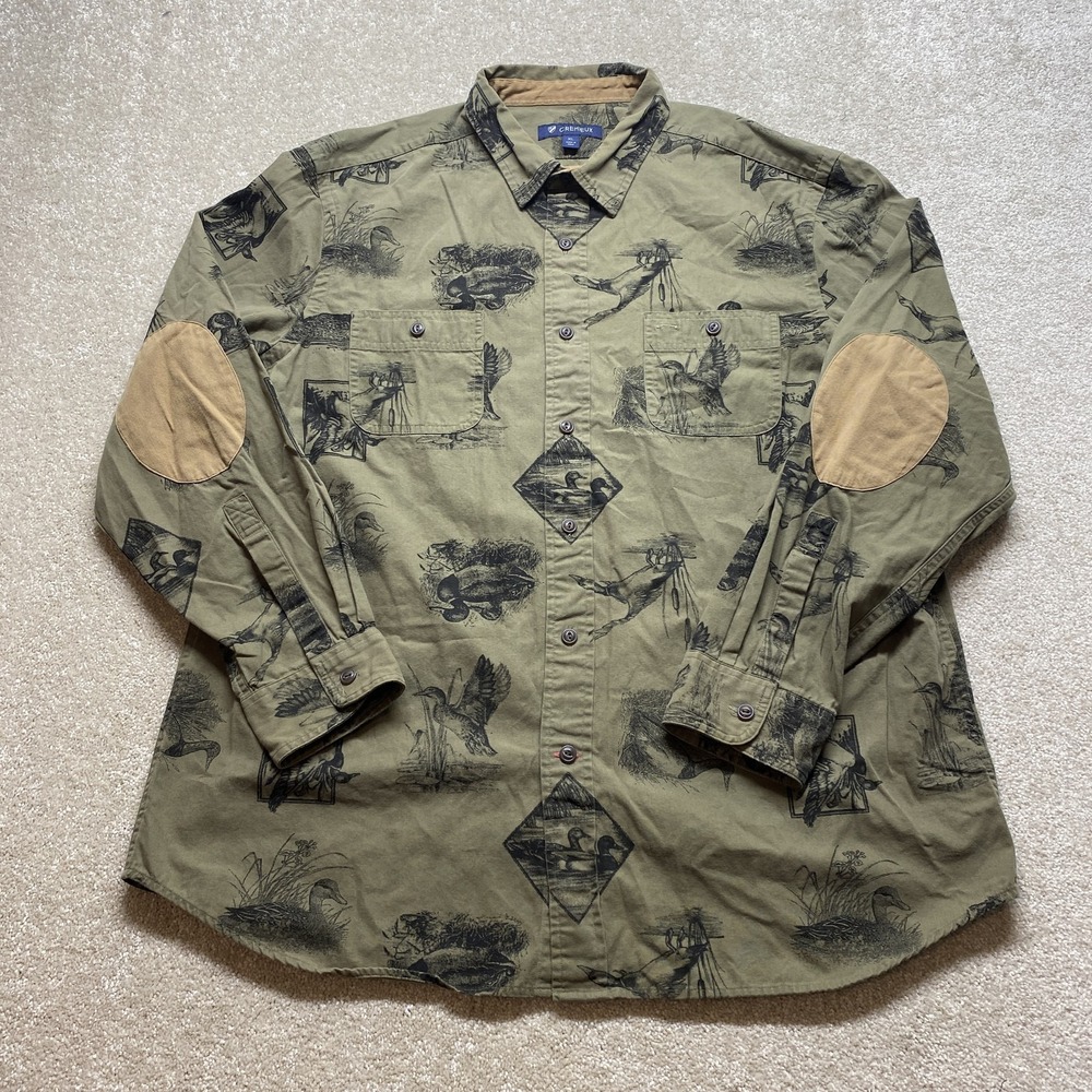 Cremeux Shirt Mens XL Duck Print Elbow Patch Hunting Wildlife Outdoor Button Dow